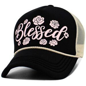 Womens Blessed Baseball Cap Hat in Black Light Pink Tan w/Flowers/Roses Trucker